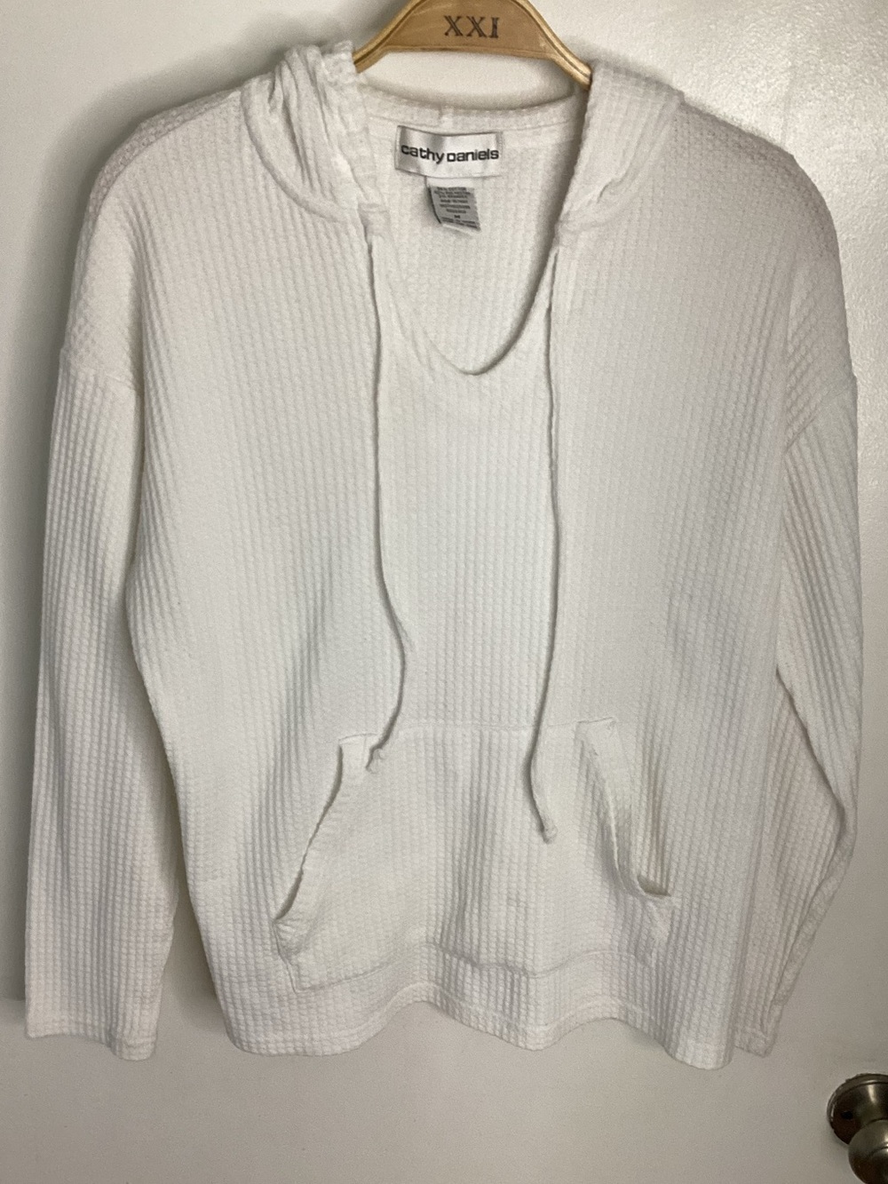 Cathy Daniels White Waffle-Knit Hooded Pullover Sweatshirt M
